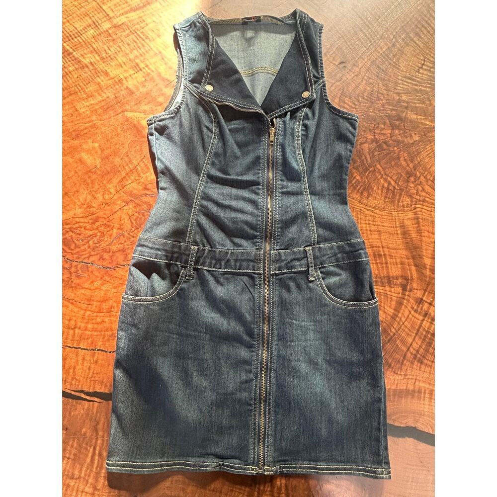 G by GUESS Blue Denim Asymmetric Moto Zip Mini Dress S - Picture 2 of 7